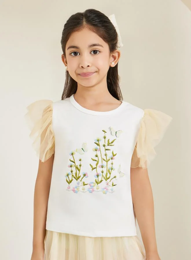 Styli Girls Embroidered T-shirt and Mesh Skirt Set